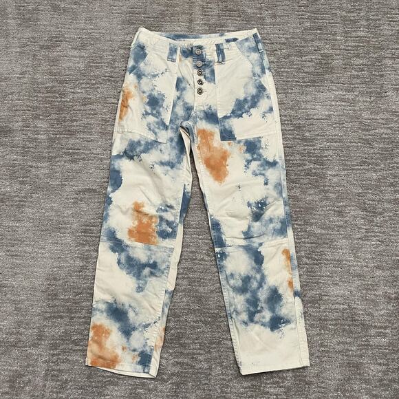 Pilcro Pants Womens 28 Cream Blue Rust Tie Dye The Wanderer Button Fly Utility - Picture 1 of 16
